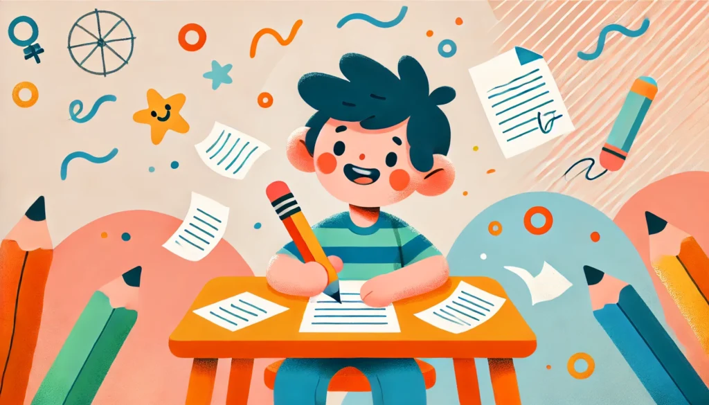 DALL·E 2024 07 11 09.39.25 A fun minimalist cartoon of a kid writing featuring bright and simple colors a smiling child sitting at a desk with a pencil in hand papers scatter