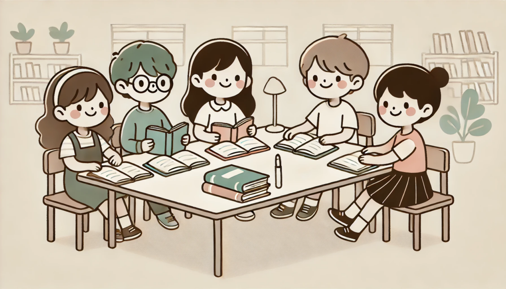 DALL·E 2024 08 08 11.52.12 A minimalist cartoon illustration of a group of kids studying together. The kids are sitting at a simple table with a few books and notebooks spread o