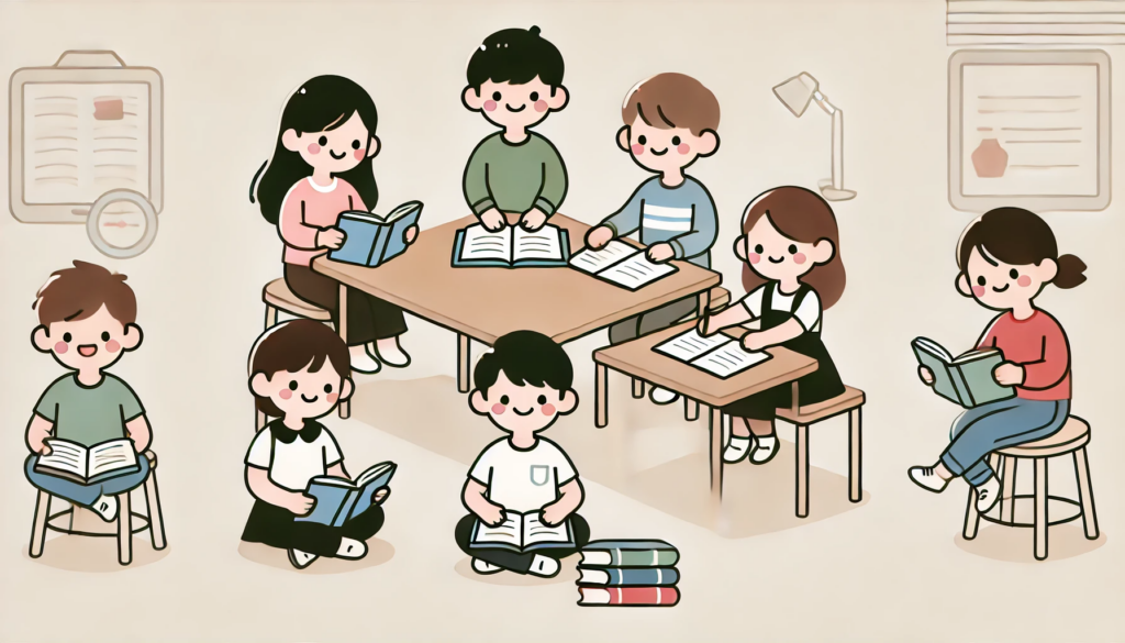 DALL·E 2024 08 22 10.34.29 A minimalist cartoon illustration of a group of kids studying together. The kids are sitting at a simple table with a few books and notebooks spread o