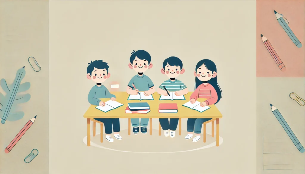 DALL·E 2024 09 12 09.36.43 A minimalist cartoon illustration of a group of kids studying together. The kids are sitting at a simple table with a few books and notebooks spread o