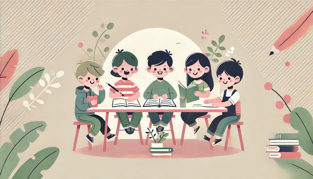 DALL·E 2024 10 03 09.56.11 A minimalist cartoon illustration of a group of kids studying together in a 16 9 frame. The children are sitting at a simple table with books noteboo